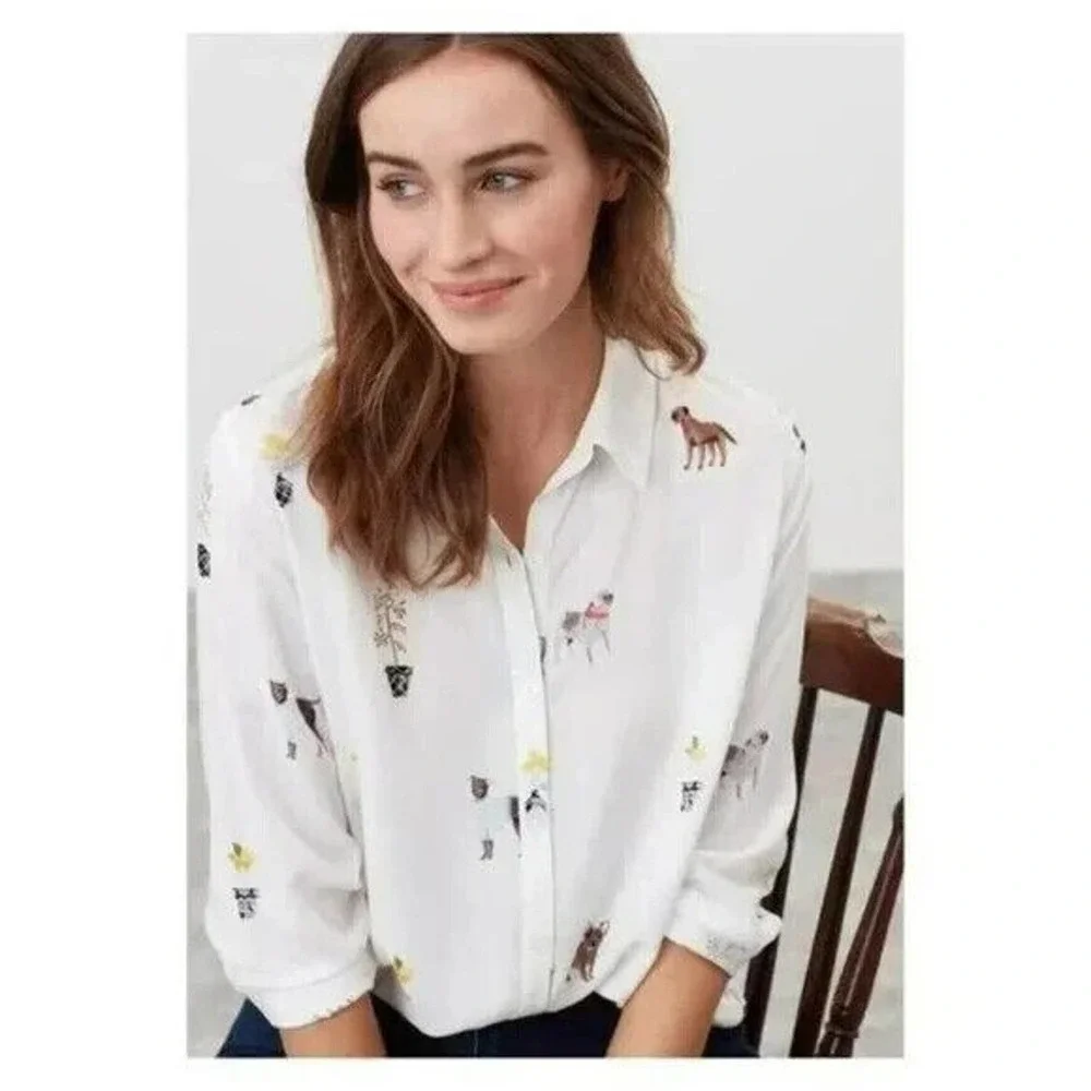 Joules Elvina Dog Print Button Up Shirt White Blouse LS Women's Size 2 H13483 - Picture 1 of 14